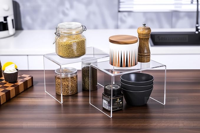 CLAY TONIC 2-Pack Large Clear 5MM Thickness Acrylic Display Risers for Kitchen Organizer and Storage,Display Food, Pantry Cabinet Shelf, Retail Display (2, 9x6x6 Inch)