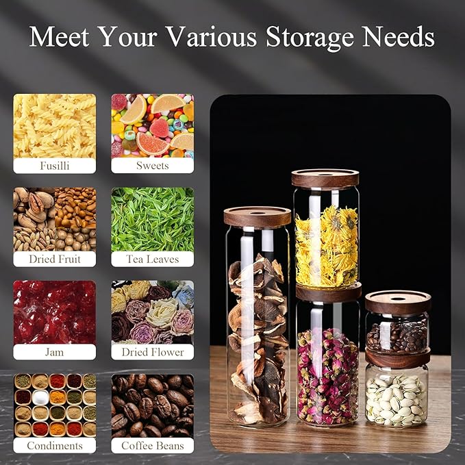 Glass Jars with Airtight Wood Lids - 34 OZ Kitchen Pantry Storage Containers, Decorative Canister for Fusilli, Spaghetti, Pasta, Sugar, Coffee Beans, Cereal, Oats, Candy, Cookie, Tea, Nuts, Set of 2
