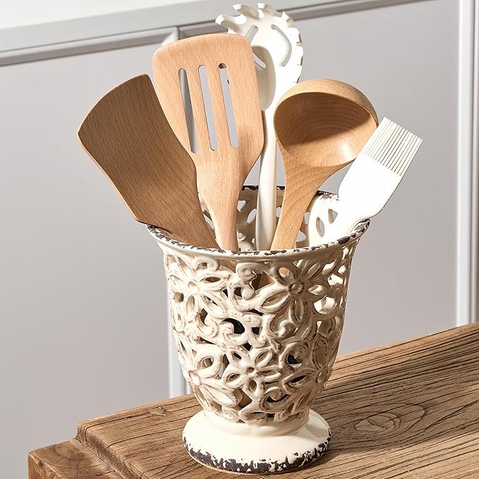 Utensil Holder for Kitchen Counter, Modern Farmhouse Cooking Utensil Holder and Crock Home Kitchen Decor, Ceramic Utensil Organizer for Spatula, Ladle, Eggbeater, Rolling Pin- Beige Antique Design