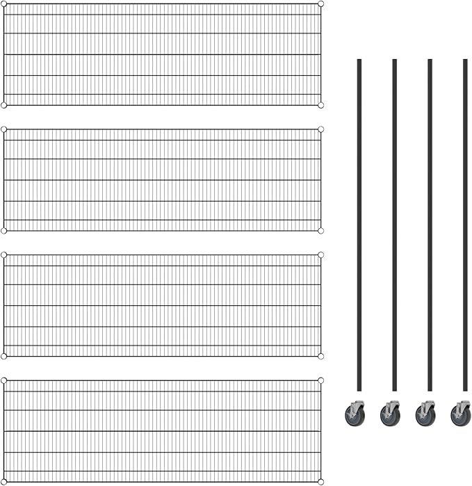 Commercial NSF Listed Black Epoxy Mobile Wire Shelving Kit 24" x 72" x 80", with 4 Shelves Perfect for Warehouse, Walk-in Refrigerator, Freezer, Grocery Store, Restaurant, Dishroom