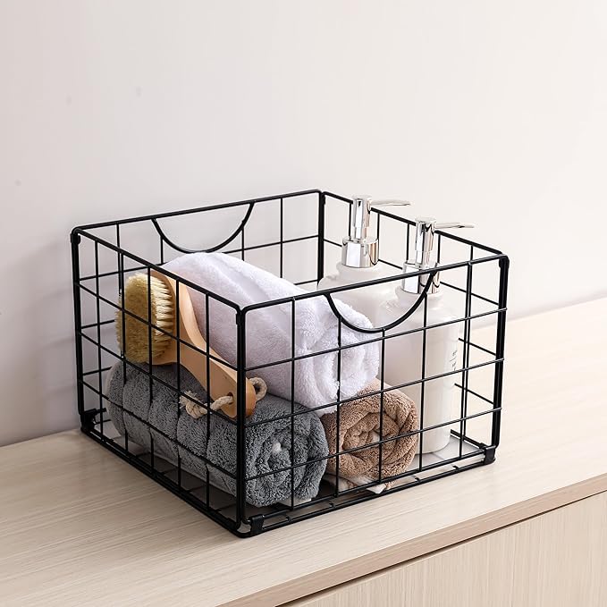 DINGTAI Metal Wire Basket Organizer Foldable Set of 6, Food Storage Mesh Bin with PVC Sheet, Freezer Organizer Bins for Pantry Closet Bathroom-Black