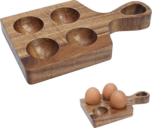 Wood Egg Tray, Wooden Deviled Egg Board Platter Holder, Reversible Display Stackable Organizer, Small Rack Storage Dish Plate for Serving Christmas Charcuterie Fridge Countertop Home Kitchen (4 Holes)