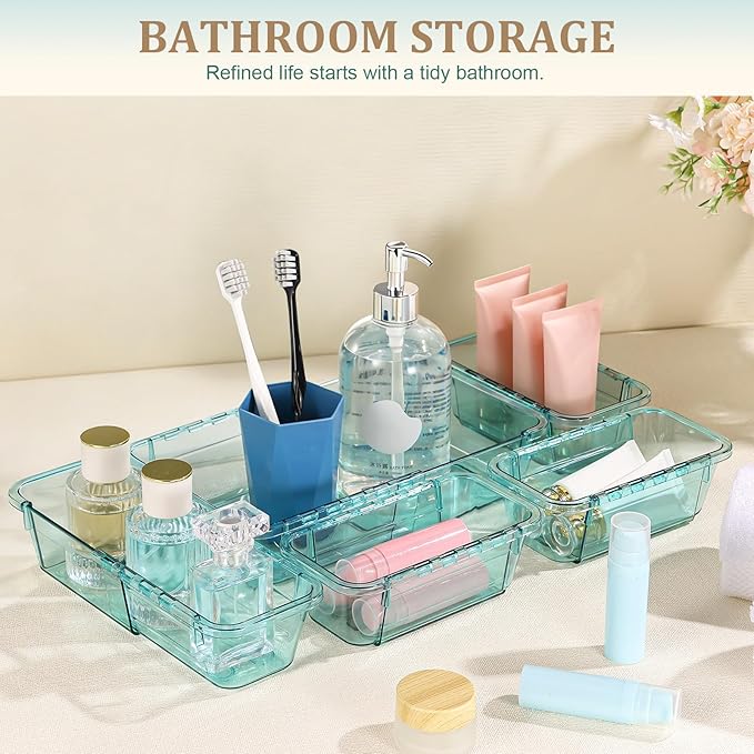 20 Pcs Adjustable Clear Drawer Organizer, All Extendable Vanity Storage Bins, Desk Drawer Organizer Set for Makeup, Cosmetics, Bedroom, and Gadgets, Blue