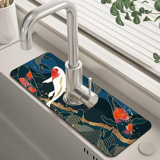Oriental Japanese Koi Fish Sink Faucet Absorbing Mat Sink Splash Guard Faucet Mat Draining Mat Fast Drying Sink Protectors for Kitchen and Bathroom 5.5"×15"