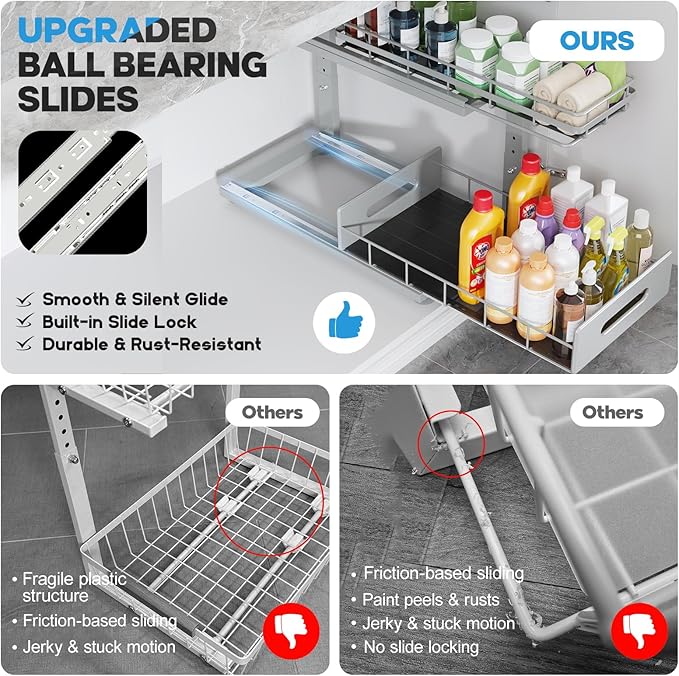 1 Pack 18 IN Depth Under Sink Organizer with Smooth Ball Bearing Slides,2-Tier Pull Out Cabinet Storage,Slide Out Drawers for Bathroom&Kitchen,Rust-resistant Coating,Height Adjustable-Gun Gray