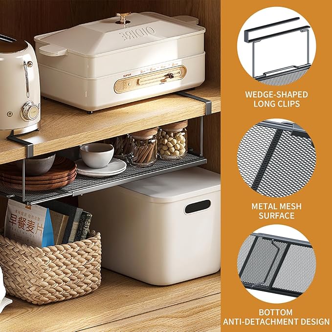 Expandable Hanging Under Shelf Storage Basket,Under Shelf Storage Basket Organizer,Under-Shelf Hanging Baskets for Cabinet,Pantry, Desk Organization,8.27" D x 15.16"-27.76W x 7.68" H,Black