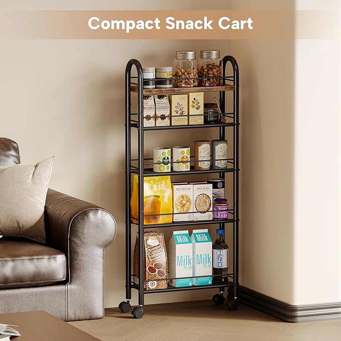 Slim Storage Cart, 5 Tier Narrow Utility Cart with Metal Frame and Wooden Top, Rolling Storage Organizer Shelving Unit for Kitchen, Dining Room, Living Room,Home Office, Vintage