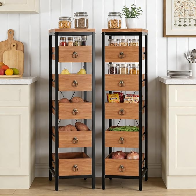 Kitchen Fruit Vegetable Storage Rack, 5-Tier Narrow Snack Fruit Display Stand with 5 Pull-Out Drawers Basket, Utility Organizer Standing Shelf for Kitchen Living Room Bathroom Supermarket, Walnut