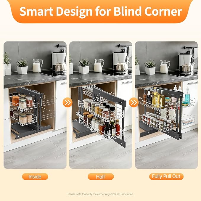 Blind Corner Pull Out Organizer, 2-Tier Pull Basket Corners Cabinet with 4 Storage Baskets, Pull-Out Basket Blind Corner Cabinet Storage Shelf for Home Kitchen