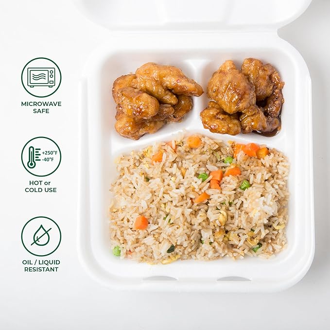Freshware Compostable Clamshell Food Containers [8x8] 3-Compartment, Disposable, Biodegradable Sugarcane To Go Boxes - Paper Food Containers - Microwave & Freezer Safe, Stackable (Pack of 200)
