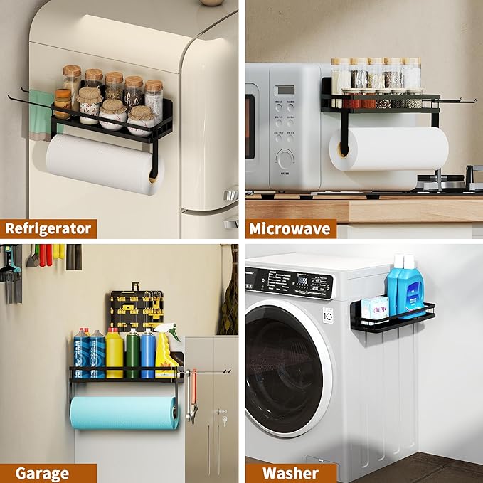 YIGII Magnet Paper Towel Holder for Refrigerator, 2-in-1 Black Spice Rack Organizer Strong Magnets, Kitchen Roll Holder with Storage Shelf and 2 Hooks, Heavy Duty