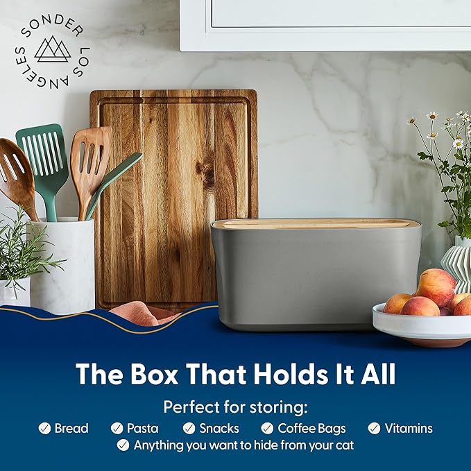 Sonder Los Angeles Union Large Bread Box | Fits Full Sourdough Loaves and More | Breadbox with Cutting Board | Homemade Bread Bin Storage Container | 14.25x9.25x7 in | Charcoal
