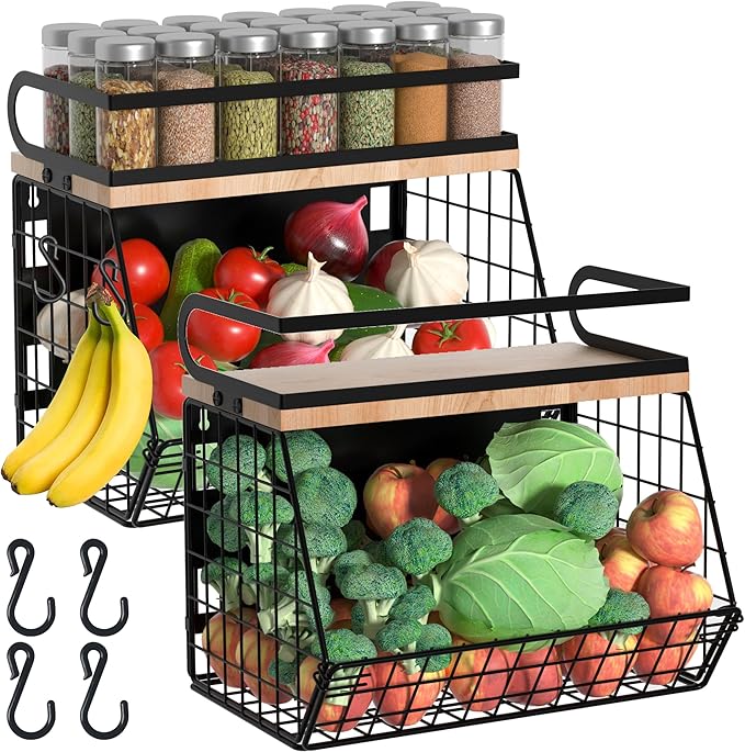 Uninol Magnetic Spice Rack for Refrigerator, Fruit, Potato & Onion Storage Bin,Large Capacity Magnetic Shelves for Side of Refrigerator, Kitchen Organizers and Storage Countertop,2 Pack Black