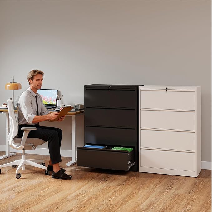 4 Drawer File Cabinet with Lock, Lateral Filing Cabinets,Metal Storage Filing Cabinets for Home Office, Heavy Duty File Cabinet for Letter/Legal/A4/F4 Size Amsseble Required, White