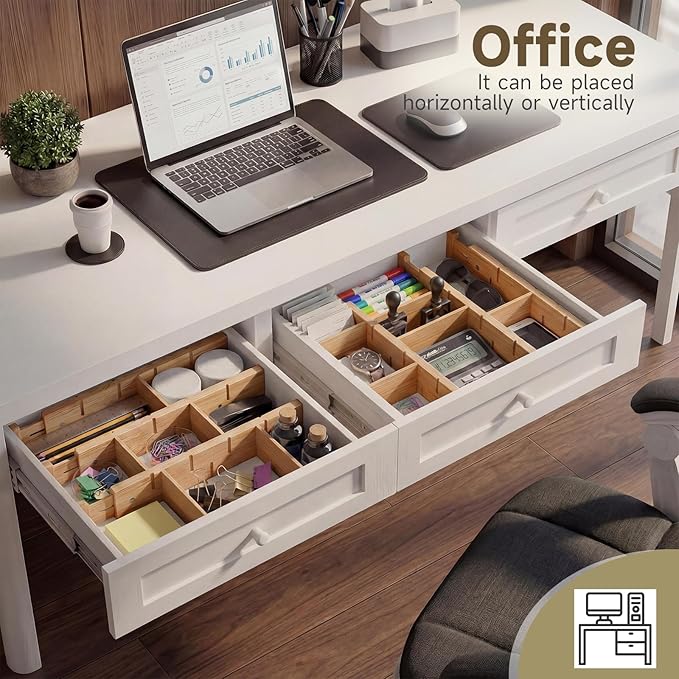 Kitchen Drawer Organizer, Expandable Bamboo Drawer Divider, Include 8 Dividers, 8 Small Inserts and 8 Medium Inserts for Home, Office, Dressers (Short-8 Dividers)