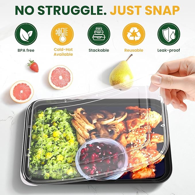 Geisoun 38oz Meal Prep Containers [50-Pack], Reusable Bento Box with Easy-Snap Leakproof Lids - Microwave, Dishwasher & Freezer Safe Food Storage, BPA-Free Plastic Lunch Containers (Black)