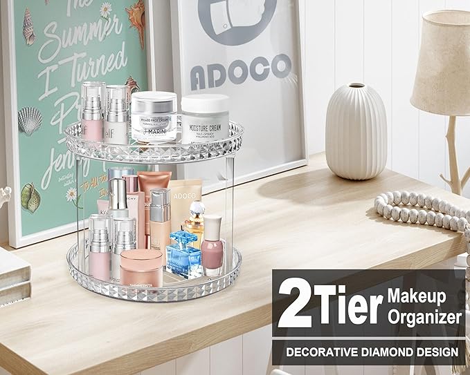 2 Tier Diamond Lazy Susan Bathroom Organizer Countertop, Clear 360 Rotating Cosmetic Makeup Organizer for Vanity, Skincare Organizers Perfume Organizer for Counter - Organization and Storage -9.25INCH