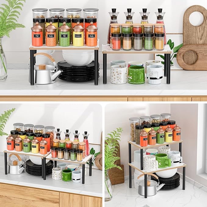 Kitchen Cabinet Organizer Shelf Shelves, Stackable Spice Rack for Countertops, Bathroom Storage, 2 Sets