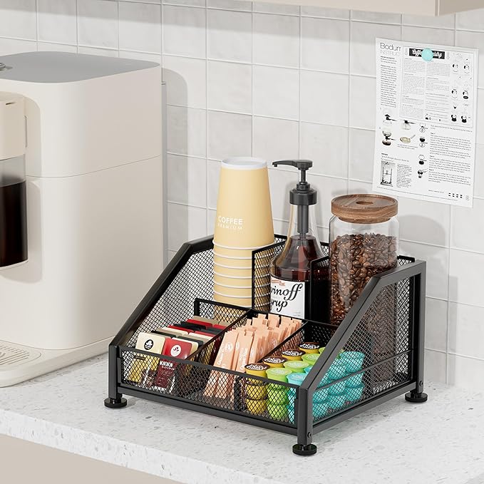 SWTYMIKI Coffee Bar Organizer for Countertop – Space-Saving Kcup Organizer with Tiered Shelves, Countertop Coffee Station for Pods, Sugar, Syrup, Cups, Stirrers, Mesh Condiment Storage
