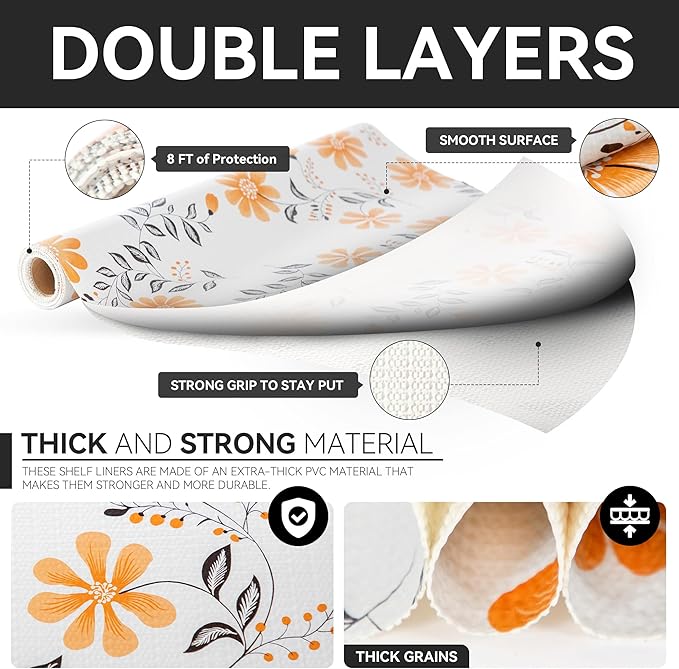 RAY STAR Shelf Liner, 18 Inch x 8 Feet Non Adhesive Daisy Floral Printed Cabinet Liner for Pantry Drawer Vanity, Strong Grip Non Slip Waterproof, Durable Shelf Liners for Kitchen Cabinets Organization