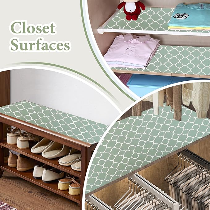 Shelf Liners for Kitchen Cabinets Non Adhesive Drawer Liner 17.5in x 30FT Light Green Quatrefoil Thickened Shelf Liner Strong Non-Slip Easy to Clean Tool Box Refrigerator with Knife and Tape Measure