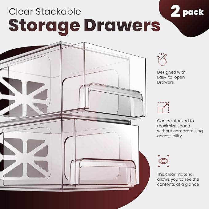 Clear Stackable Storage Drawers - 2-PACK - Acrylic Plastic Organizer Drawer for Bathroom Vanity Cabinet, Kitchen Countertop, Small Office Organization. Easily Organize All Cosmetic Makeup Supplies.
