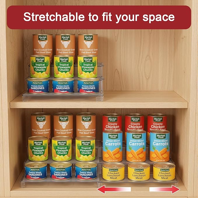 Expandable Can Rack Organizer, 3-Tier Adjustable Length Can Storage Holder, Set of 2 Holds Up to 36 Cans, Stability with Non-Skid Shelf, Canned Goods Storage Display for Pantry, Cabinet, Countertop