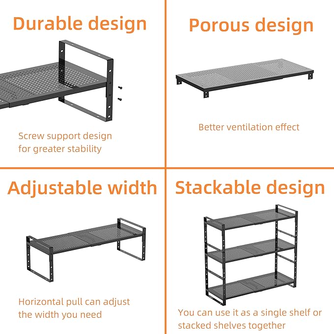 Multi-Functional Metal Shoe Rack,Expandable Adjustable Stackable Kitchen Organizer,Metal Shelf risers for cabinets, Kitchens and Closet, Bathroom(2Packs/Black/Large)