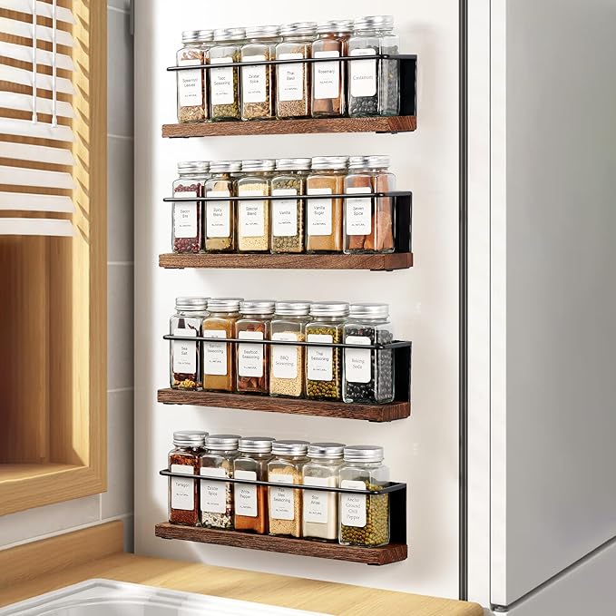 KitHero 4 Pack Strong Magnetic Spice Rack Organizer for Refrigerator and Microwave Oven, Metal Fridge Shelf, Space Saver for Kitchen Organization and Storage, Black