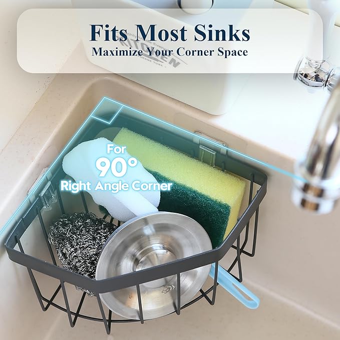 Sea Team Adhesive Corner Caddy, Sink Organizer, Soap, Drain Plug, Sponge Holder, Multifunctional Rustproof Carbon Steel Storage Basket, Wall Mounted Shelf Rack for Kitchen, Bathroom, Charcoal