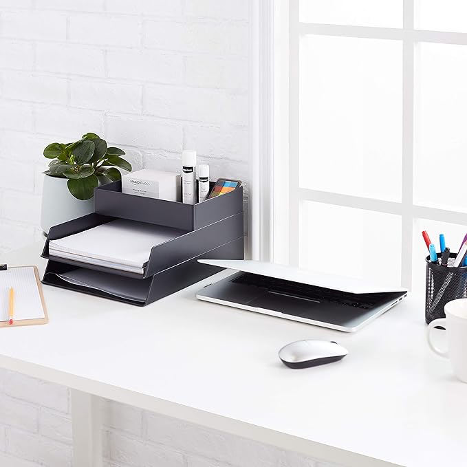 Amazon Basics Rectangular Plastic Desk Organizer with Storage Trays, Accessory Tray for Office Supplies and Pen Holder, 9.4 x 6.7 x 2 inch, Black