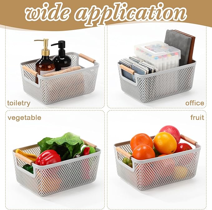 4 Pcs Plastic Mesh Baskets with Handles - Mesh Storage Organizer Bin Container Baskets for Home Organizing Pantry Closet Cabinet Kitchen Fridge Fruit Snacks Gifts, Grey(Small)