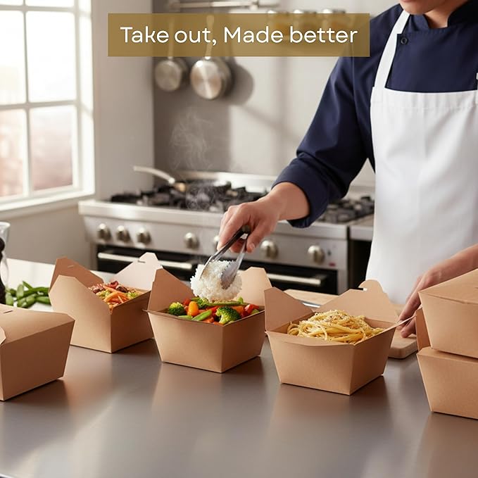 Kraft Paper Take-Out Boxes, PFAS-Free, Grease Resistant, Durable Disposable Food Containers, Microwave/Freezer Safe, Stackable Paperboard for Meal Prep, Catering, Leftovers & Restaurants, 8.4x6.3x1.9