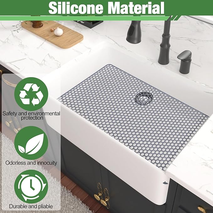 Inchoco Sink Protectors Mat - 28.35"x14.37" Kitchen Sink Pad for Bottom of Basin for Protection of Stainless Steel and Tableware, Farmhouse Rubber Basin Mat Protector - Light Gray