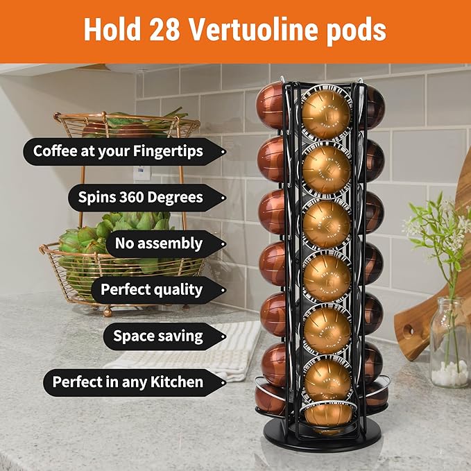 28 Coffee Pods Holder - Black - 360° Spinning Coffee Pod Carousel Stand | Holds 28 Capsules | Compact Countertop Organizer with Silent Rotation, Durable & Modern