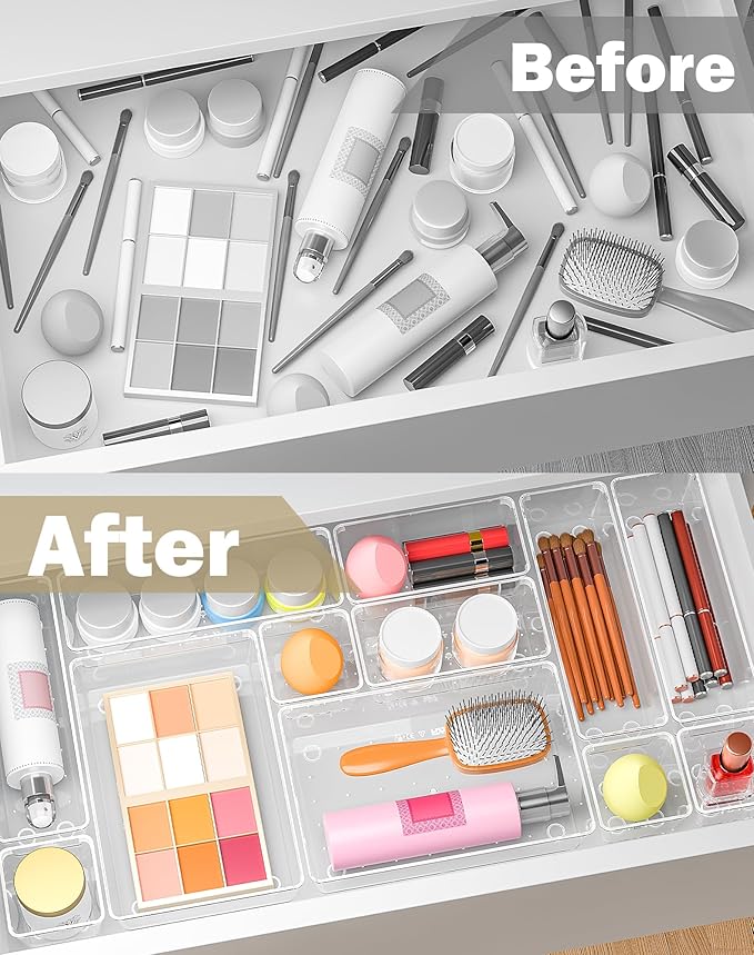 15Pcs Clear Plastic Drawer Organizers Set, 4size makeup drawer organizer trays for vanity/desk/bathroom/office/nightstand/gadgets for kitchen/desk drawer, Versatile drawer divider storage bins