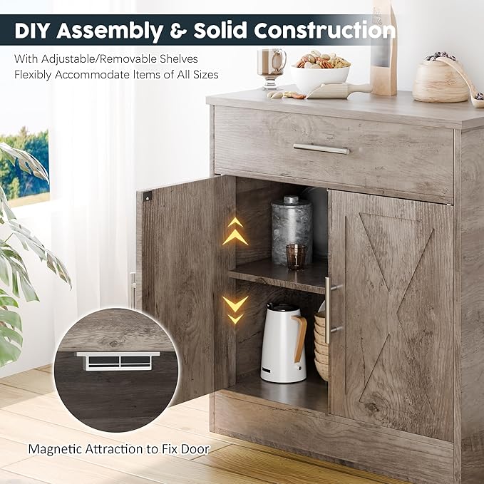 SUNLEI Kitchen Buffet Sideboard Cabinet, Farmhouse Wooden Storage Cabinet with 2 Doors & 1 Drawers, Coffee Bar Cabinet with Storage for Living Room, Adjustable Shelf, Grey