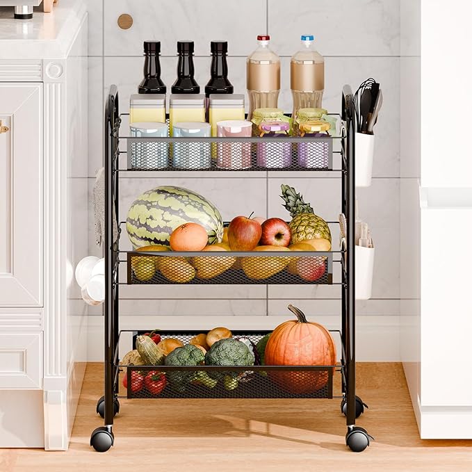 Fruit Vegetable Basket Storage Cart 5 Tier Stackable Metal Mesh Basket with 360 Degree Wheels 41 Inch High Kitchen Storage Snack Cart Pantry Bathroom Cart (Black 3-Layers)