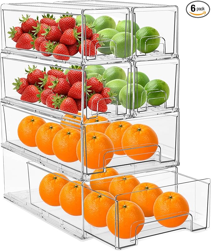 Sorbus Fridge Drawers - Clear Stackable Pull Out Refrigerator Organizer Bins - Food Storage Containers for Kitchen, Freezer, Vanity & Fridge (6 Pack | 1 Medium, 2 Small Stackable Drawer Bins)