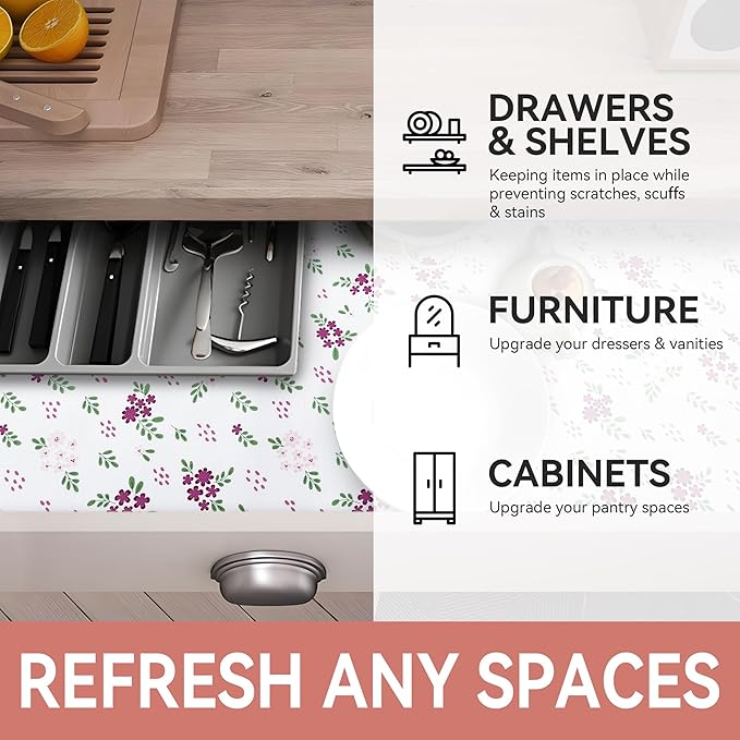RAY STAR Shelf Liner, 18 Inch x 8 Feet Non Adhesive Purple Pink Floral Kitchen Cabinet Liner for Pantry Drawer Vanity, Strong Grip Non Slip Waterproof, Shelf Liners for Kitchen Cabinets Cupboard