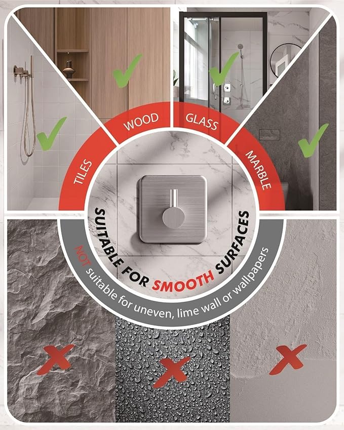 Auxmir Adhesive Hooks Heavy Duty 30lb(Max) Wall Hooks, 5 Pack Self Adhesive Damage Free Towel Rack, Stainless Steel for Coat Robe, Waterproof Oilproof Rustproof for Bathroom Shower Kitchen Office