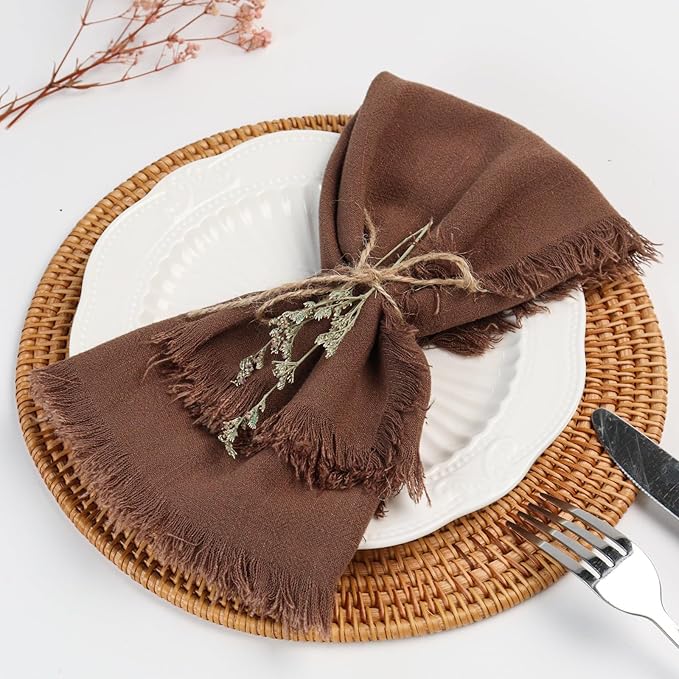 Handmade Cloth Napkins with Fringe,18 x 18 Inches Cotton Linen Napkins Set of 4 Versatile Handmade Square Rustic Fringe Napkins for Dinner, Wedding and Parties, Chocolate