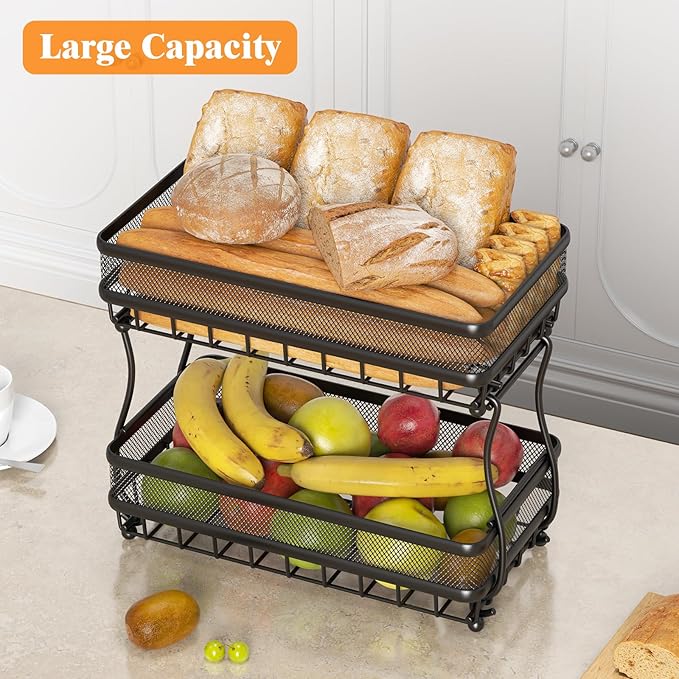 2 Tier Fruit Basket Countertop for Kitchen, Vegetable Bread Bowl Storage Stand - Detachable Metal Rectangular Wire Basket, 14-Inch Antique Black