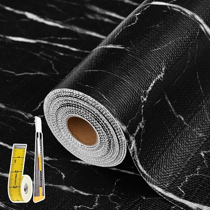 Drawer and Shelf Liner for Kitchen Cabinet: 12 in X 30 Ft Non Slip Waterproof Shelf Paper Non Adhesive Refrigerator Liners Black Marble Easy Liners for Bathroom with Knife Tape Measure