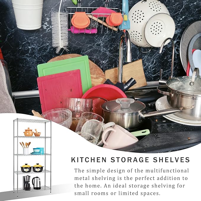 5-Tier Storage Shelves Adjustable Metal Shelf 1200Lbs Capacity NSF Wire Rack Shelving with Adjustable Feet Shelf Unit for Kitchen Garage Basement, 72" H x 36" W x 14" D, Chrome