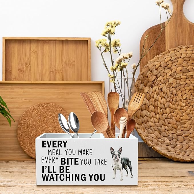 Boston Terrier Dog Kitchen Utensil Holder for Countertop, Dog Decorative Lover Gifts, Funny Every Meal You Make Every Bite You Take Wooden Utensil Holder Organizer for Kitchen Table Decor