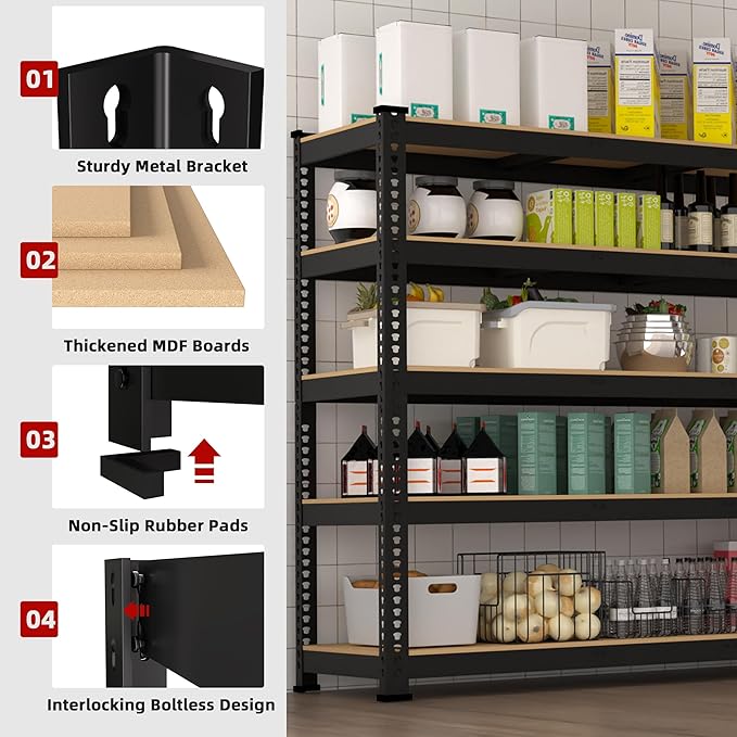 5 Tier Garage Storage Shelves - 48" W x 18" D x 71" H Heavy Duty Adjustable Shelving Unit, Metal Organizer Utility Rack for Basement, Pantry, Kitchen, Black, 3 PCS