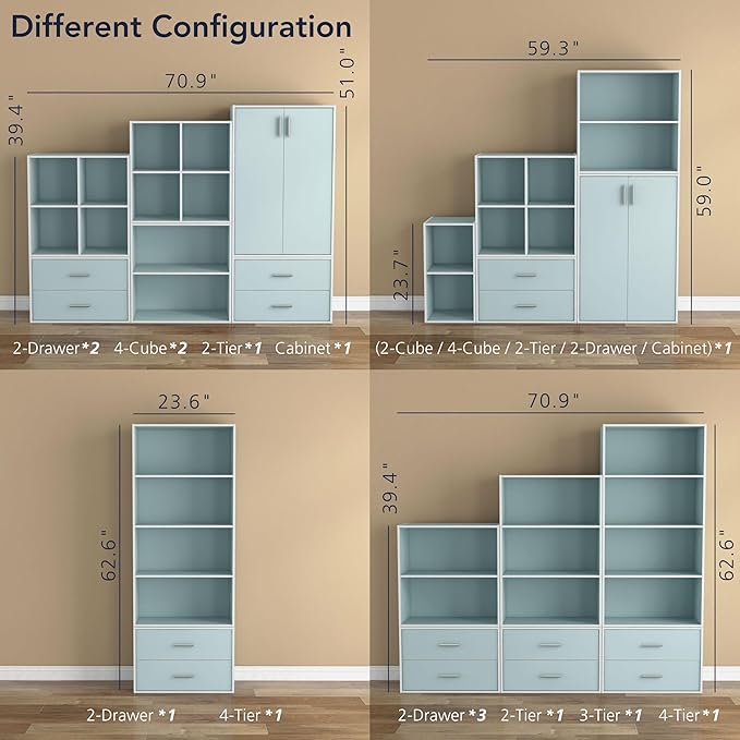 Homes: Inside + Out Apexa 3-Cube Storage Organizer Shelves, Stackable Wood Bookcase Fits Cubby Bins for Organization, Dorm Teen Room Decor & Home Office, Light Blue