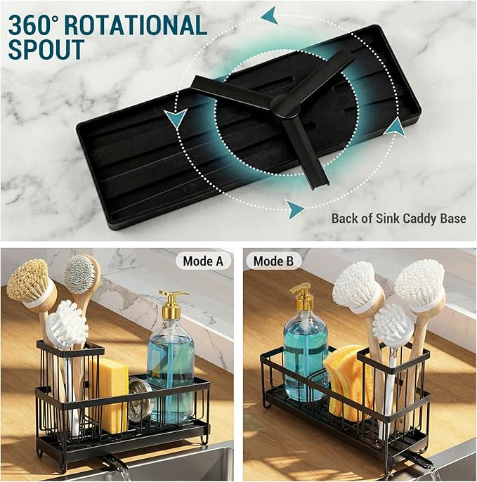 MyGift Modern Matte Black Metal Wire Sponge and Brush Holder Basket with Removable Drainage Tray – Kitchen Sink Caddy Organizer