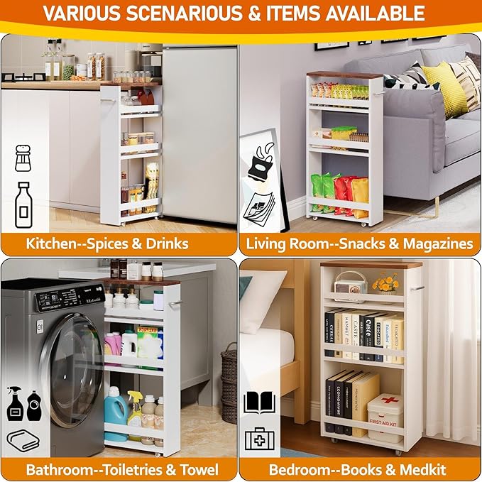 SUPER DEAL 4 Tier White Slim Storage Cart with Wheel & Handle, Slide Out Storage Rolling Utility Cart Mobile Shelving Unit Organizer Trolley for Kitchen Bathroom Laundry Narrow Places, White